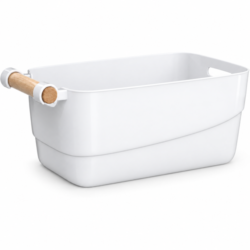 5L Bathroom Storage Basket Organiser with Wooden Handle – White
