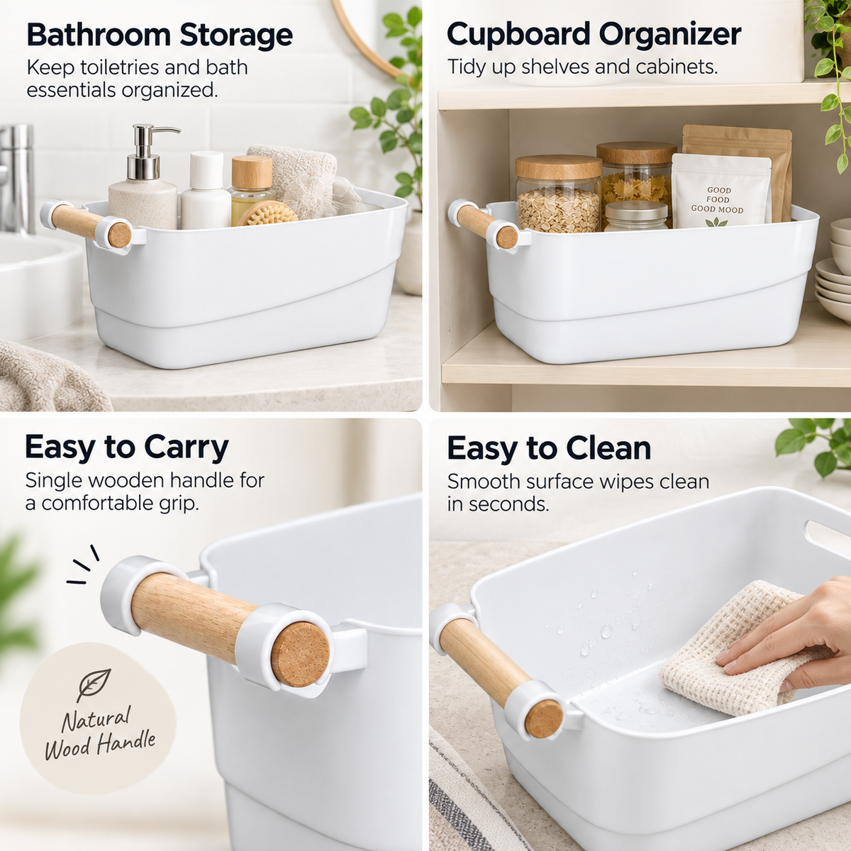 Bathroom storage basket with single wooden carry handle
