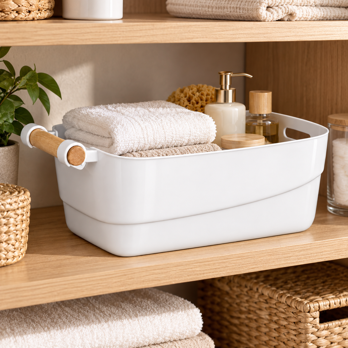 White bathroom organiser basket used for cupboard and shelf storage