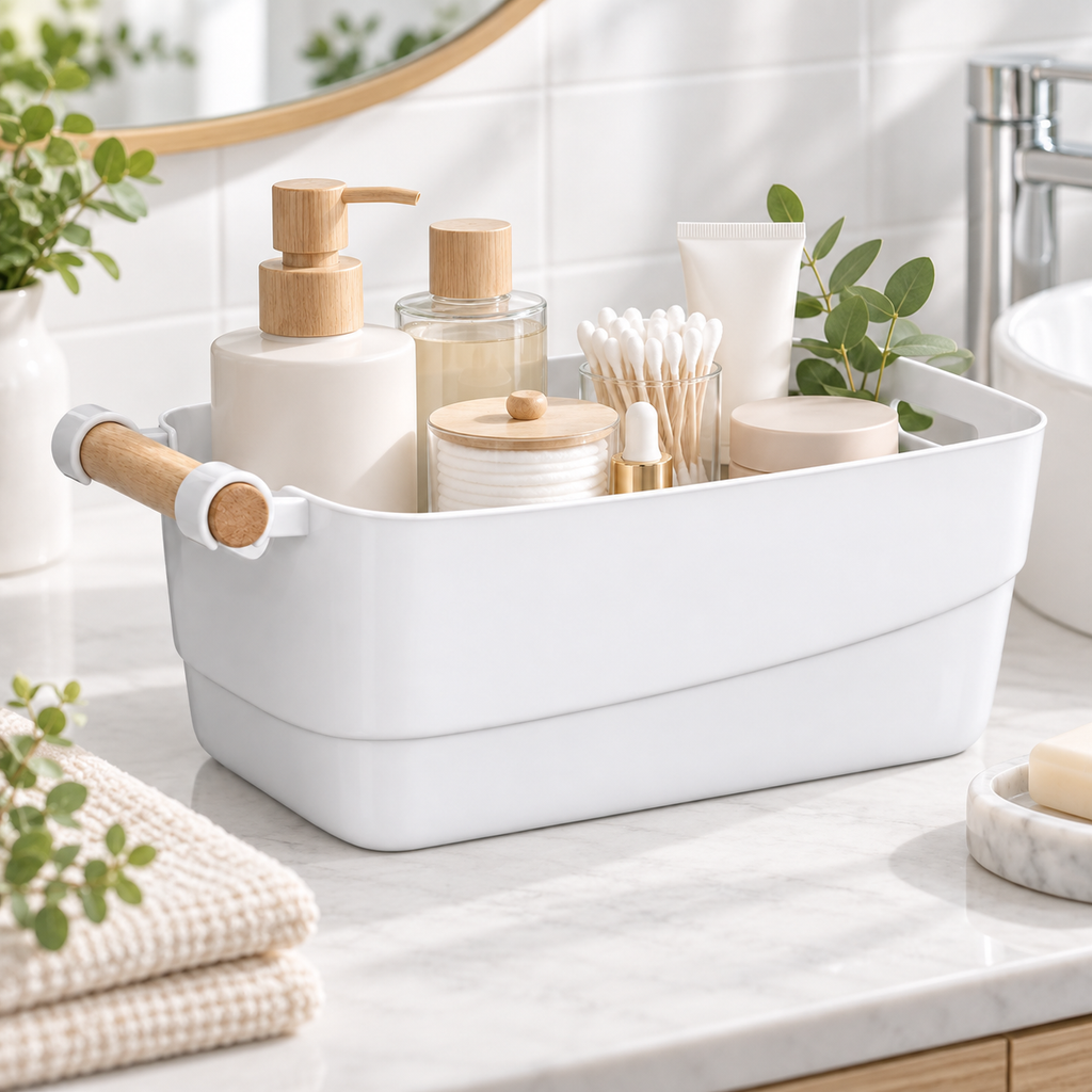 5L Bathroom Storage Basket Organiser with Wooden Handle – White