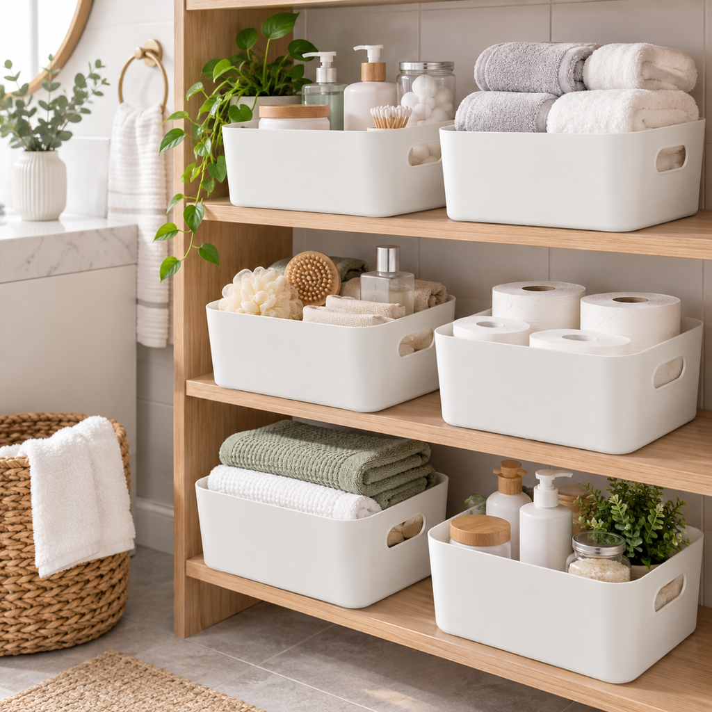 SA Products Stackable Plastic Storage Baskets with Handles – 3 or 6 Pack, Grey & White