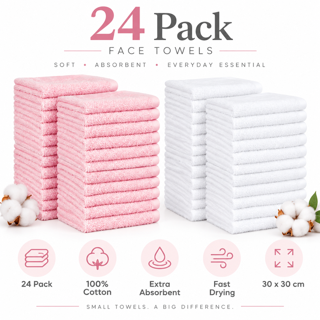 Amazon Basics 100% Cotton Face Towels 30 x 30 cm – 12 or 24 Pack