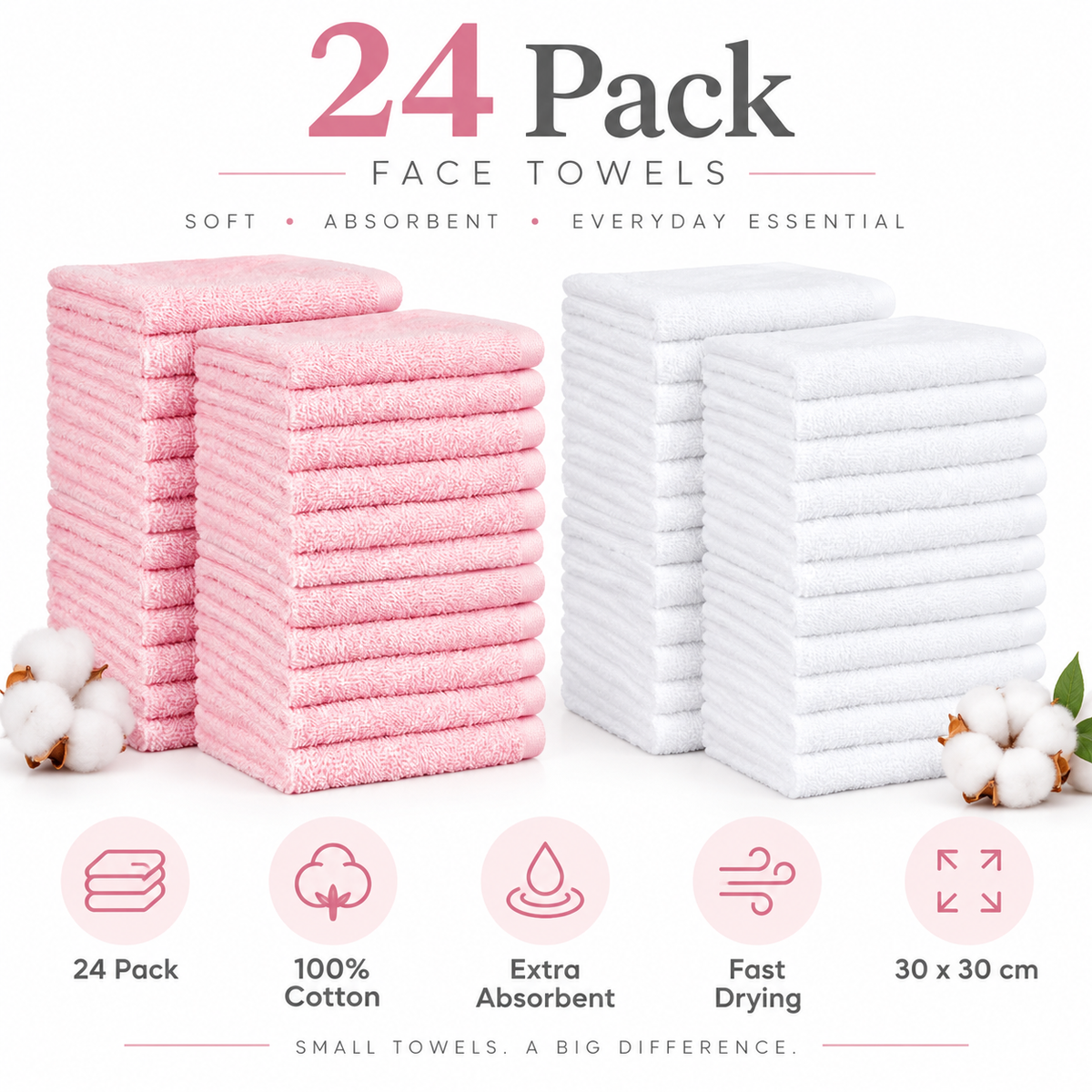 Amazon Basics 100% Cotton Face Towels 30 x 30 cm – 12 or 24 Pack