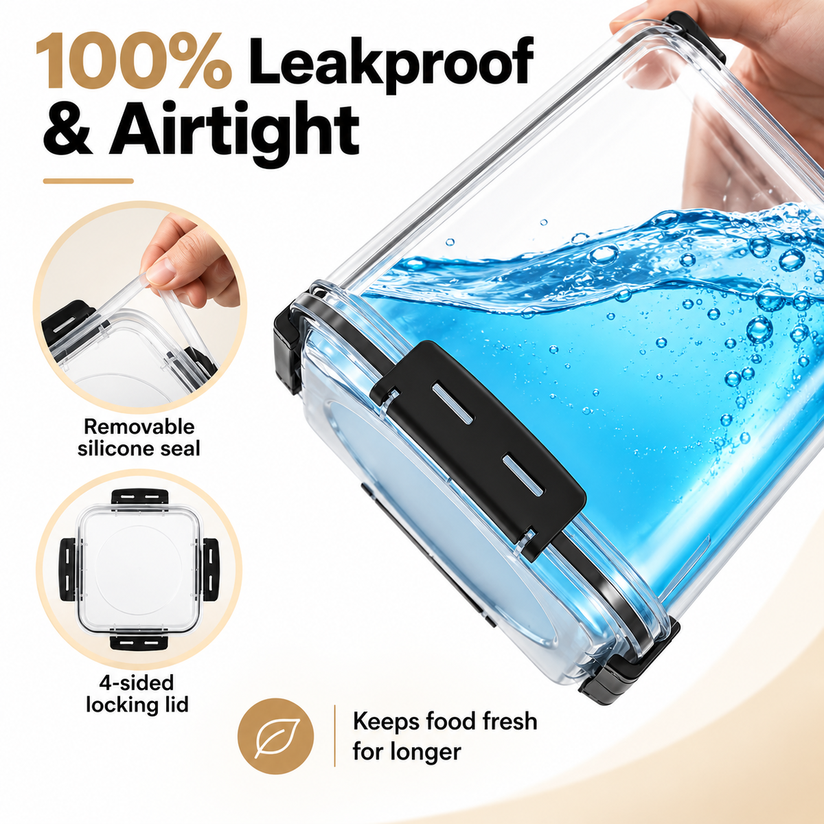 Large food storage container with four-sided locking lid and silicone seal