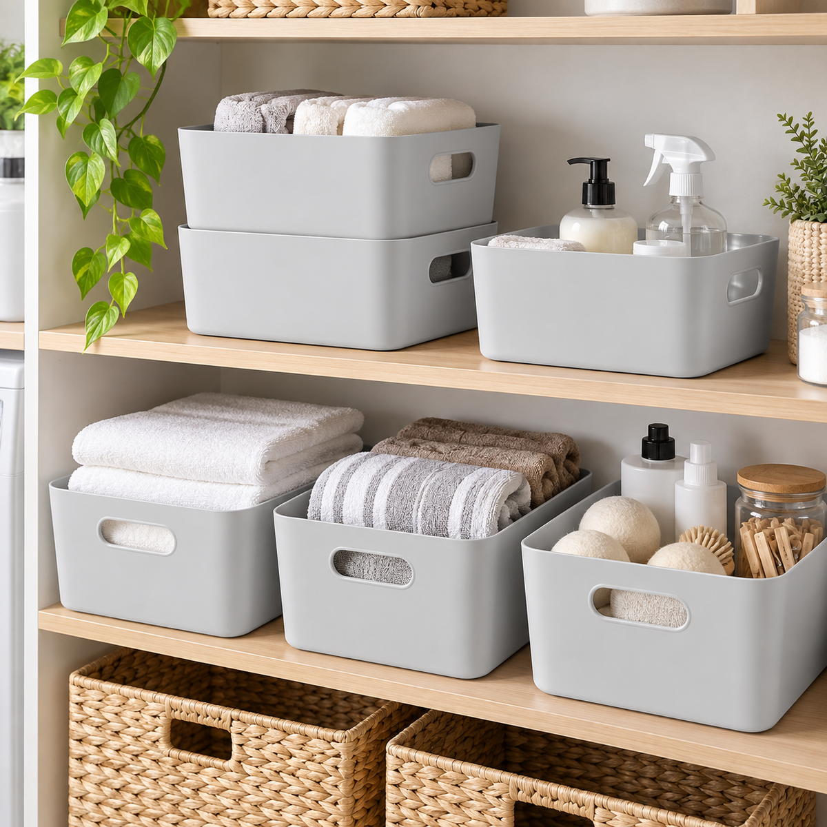 Plastic storage baskets with handles organising bathroom essentials