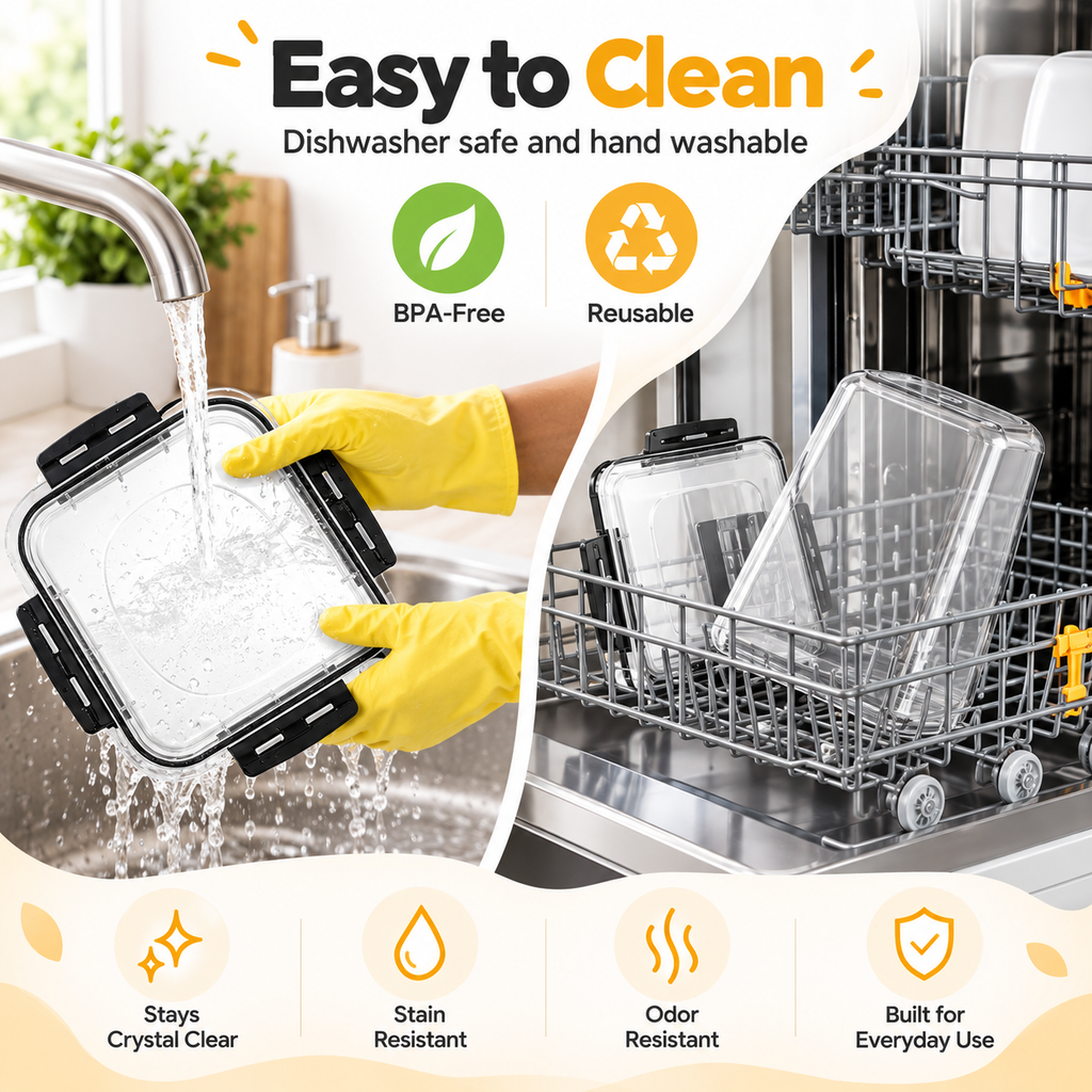 Reusable clear food storage containers designed for easy cleaning