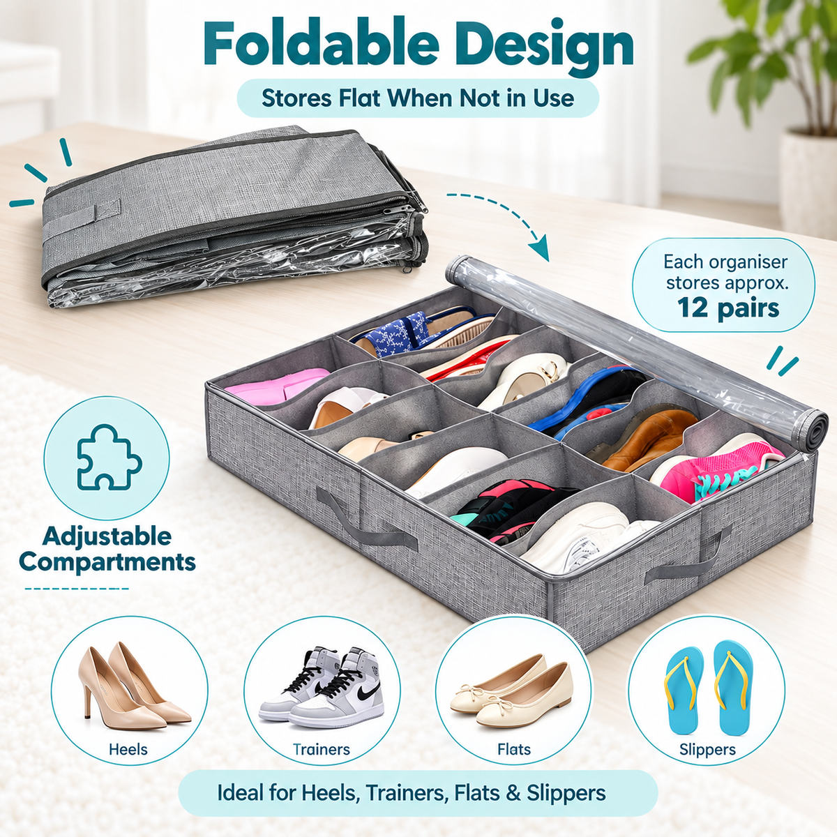 Foldable grey shoe storage organiser for space saving storage