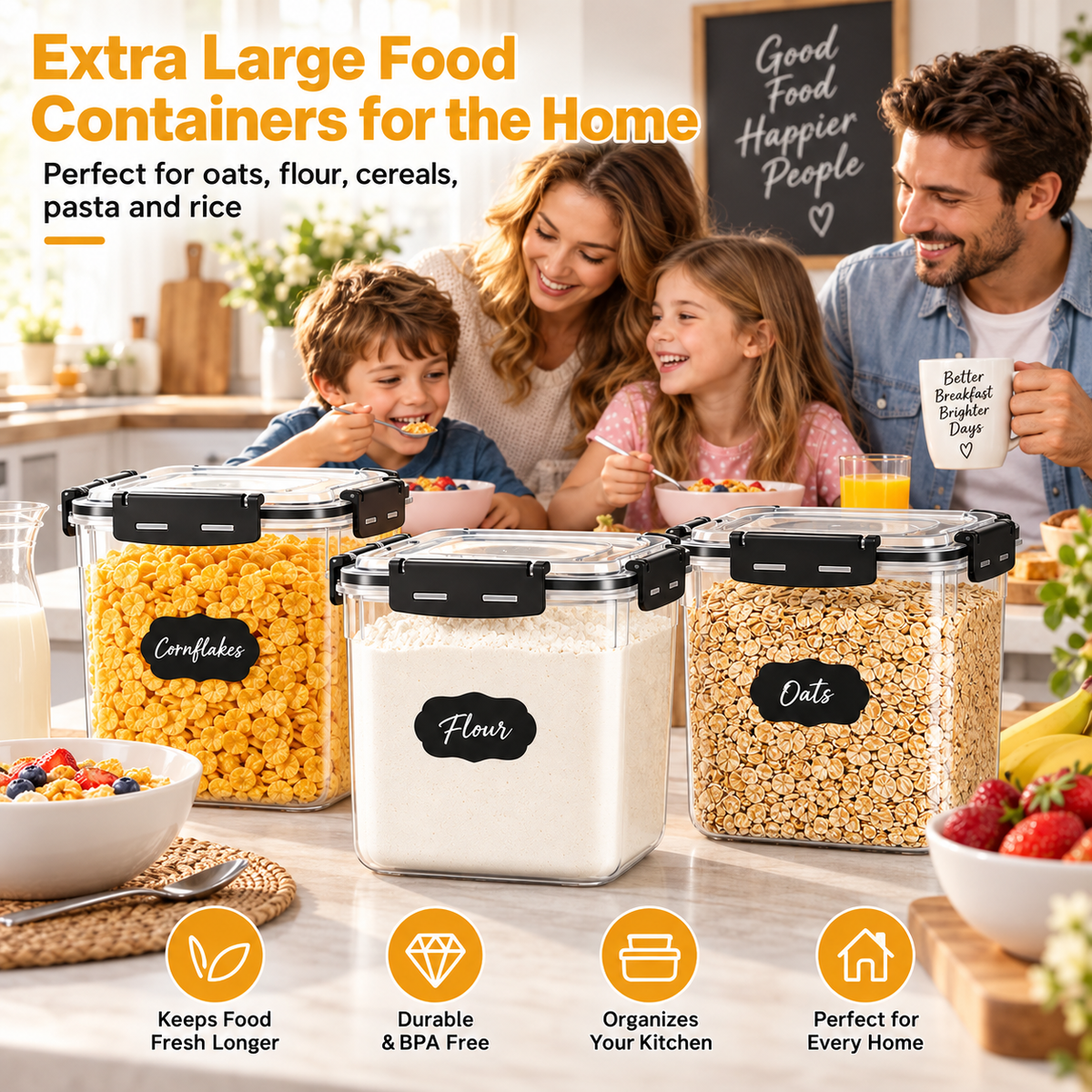 Large clear food storage containers used for everyday kitchen organisation