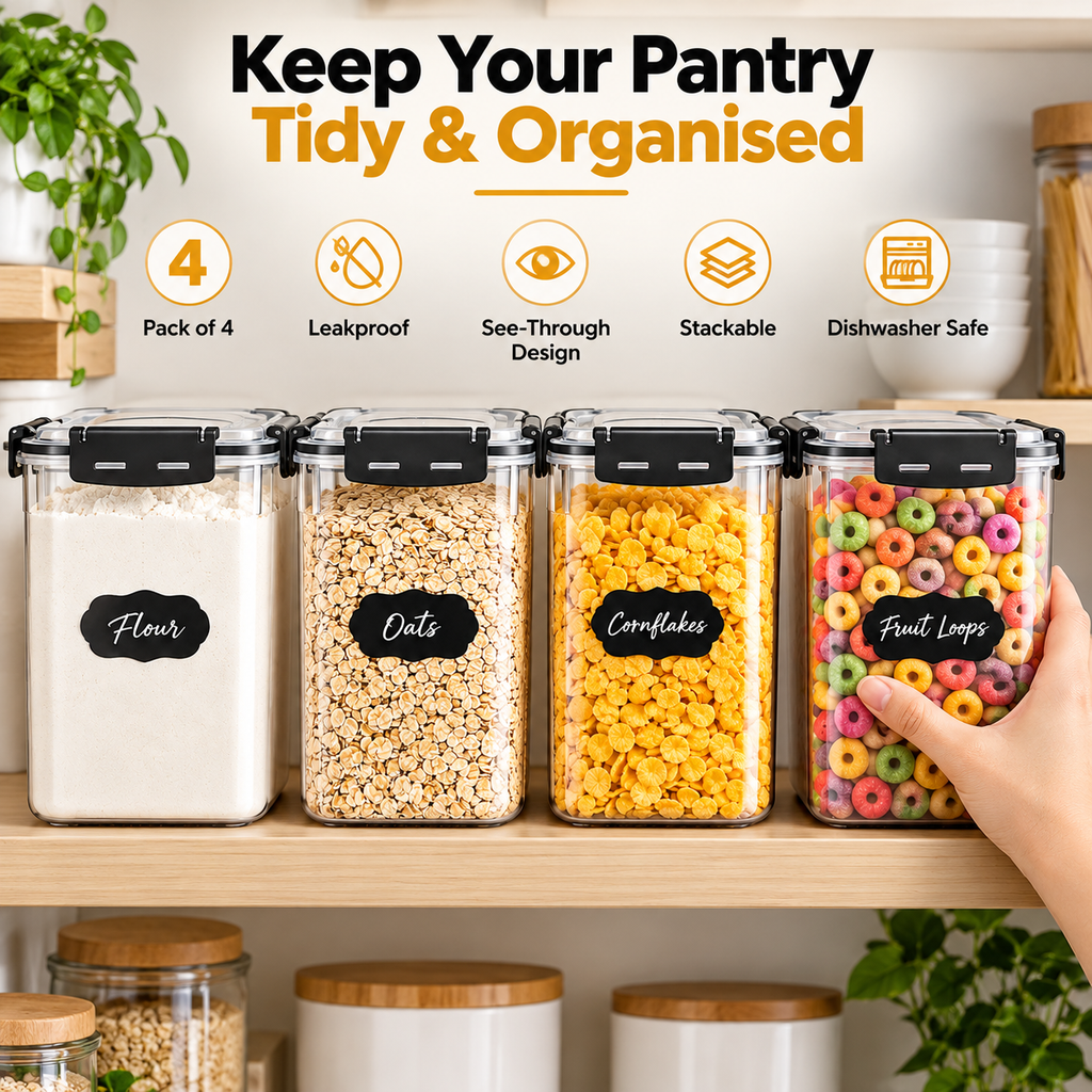 Large airtight pantry containers storing flour cereal oats and dry food