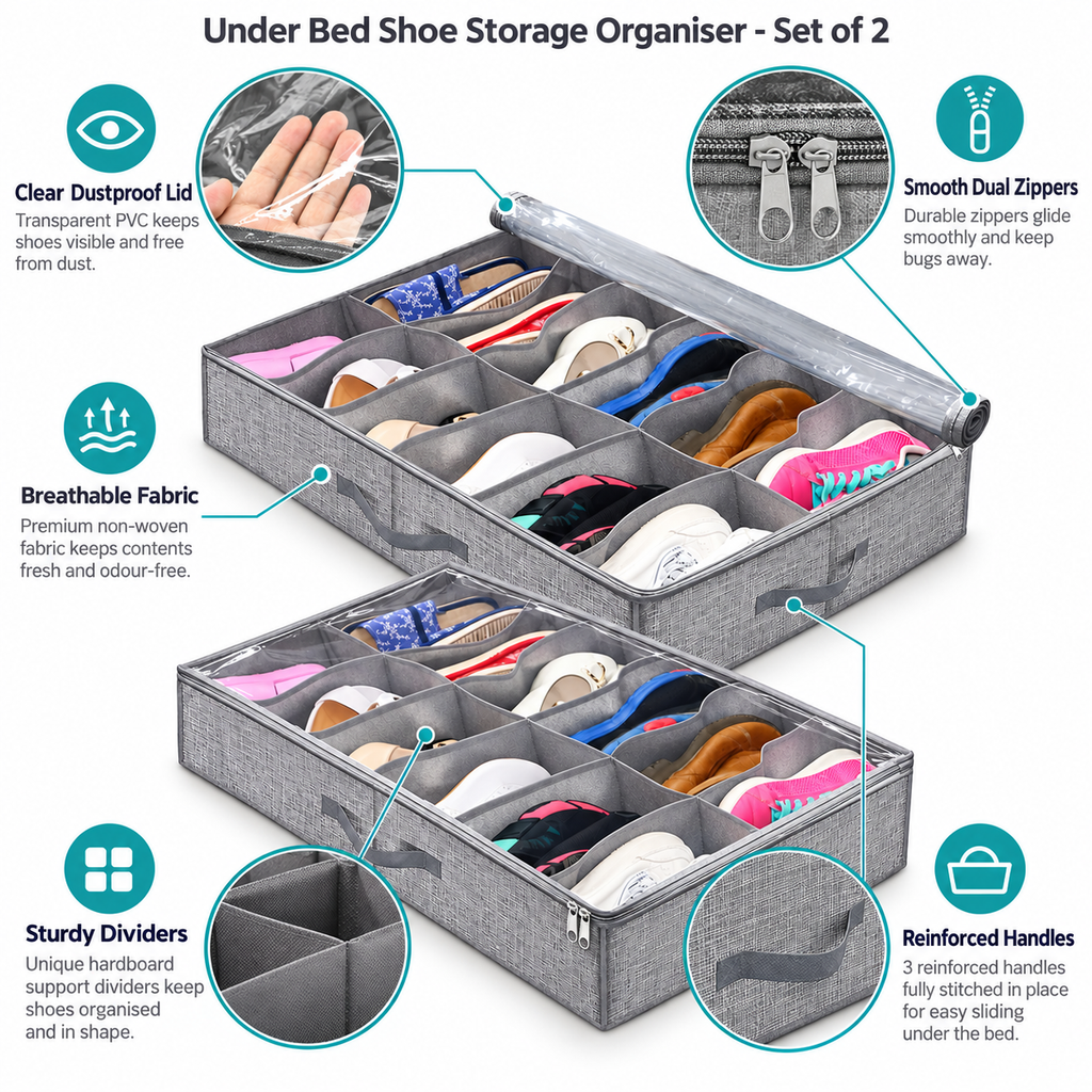 Under bed shoe organiser with clear lid dividers and reinforced handles