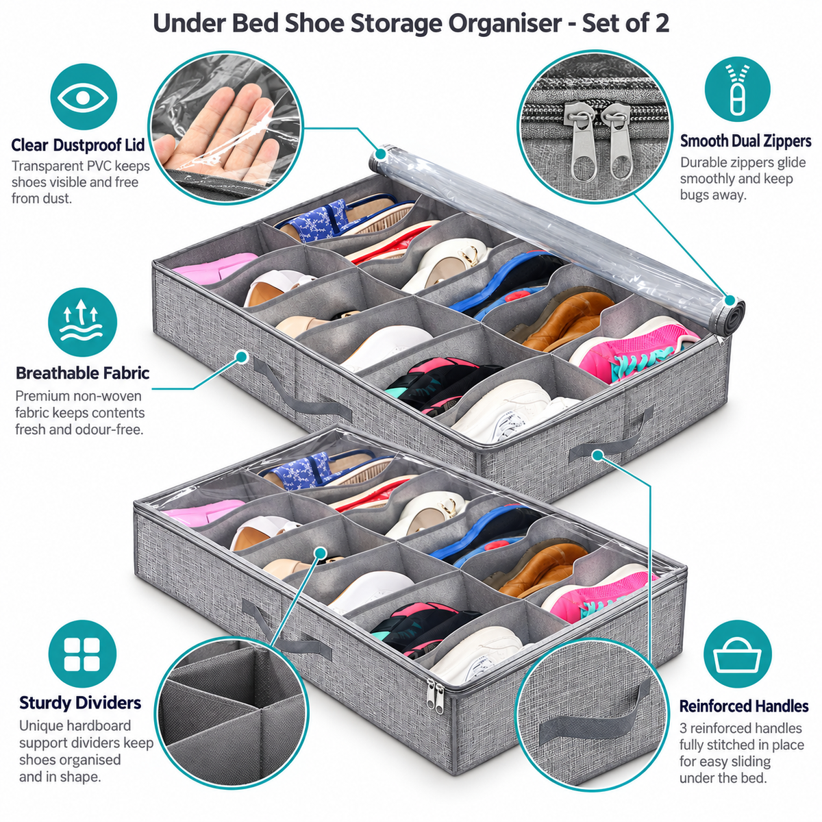 Under bed shoe organiser with clear lid dividers and reinforced handles