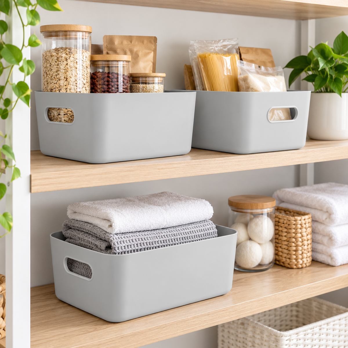 Stackable storage baskets organising kitchen and pantry essentials