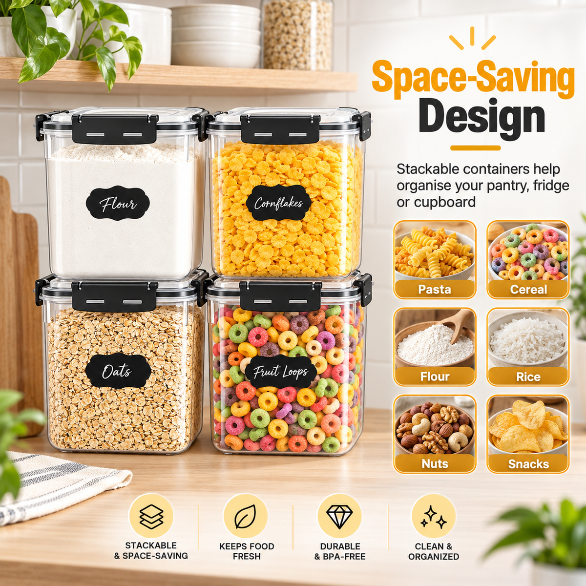 Stackable 5.3L food storage containers for pantry and cupboard organisation