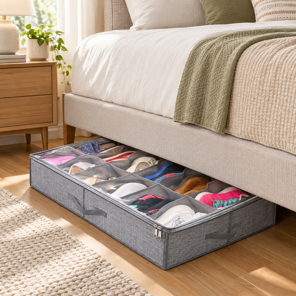 Grey shoe storage organiser positioned beneath a bed