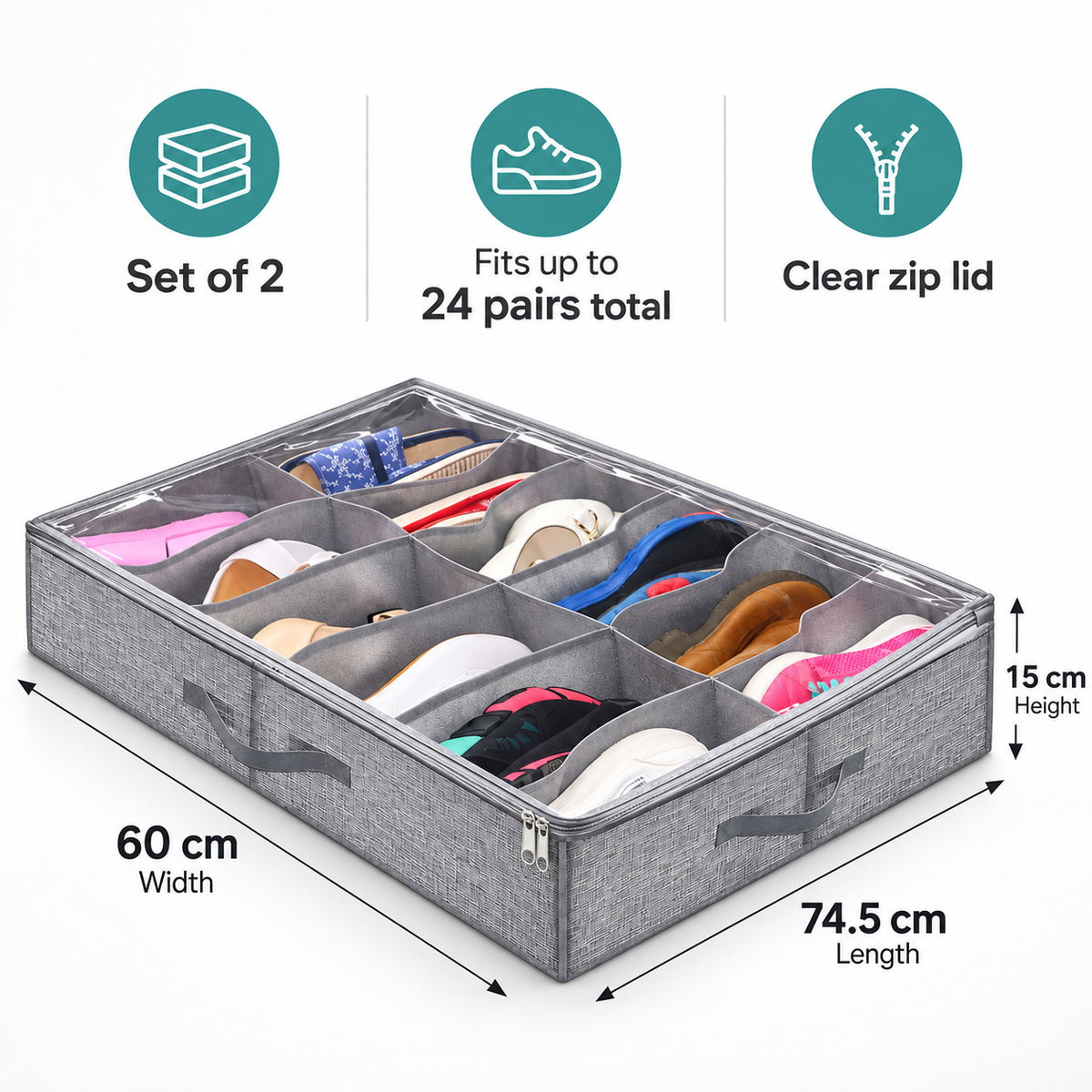 Under bed shoe storage organiser dimensions 74.5 x 60 x 15 cm