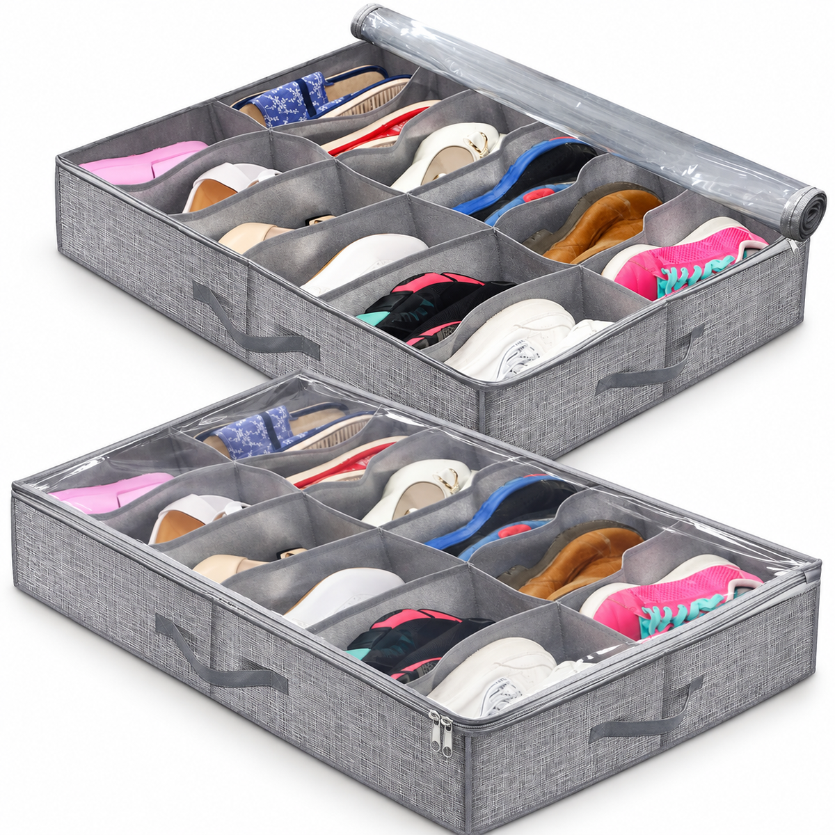Grey under bed shoe storage organiser set of 2 for up to 24 pairs