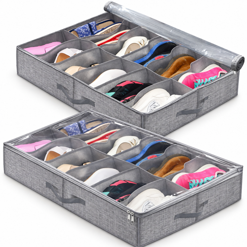 Grey under bed shoe storage organiser set of 2 for up to 24 pairs
