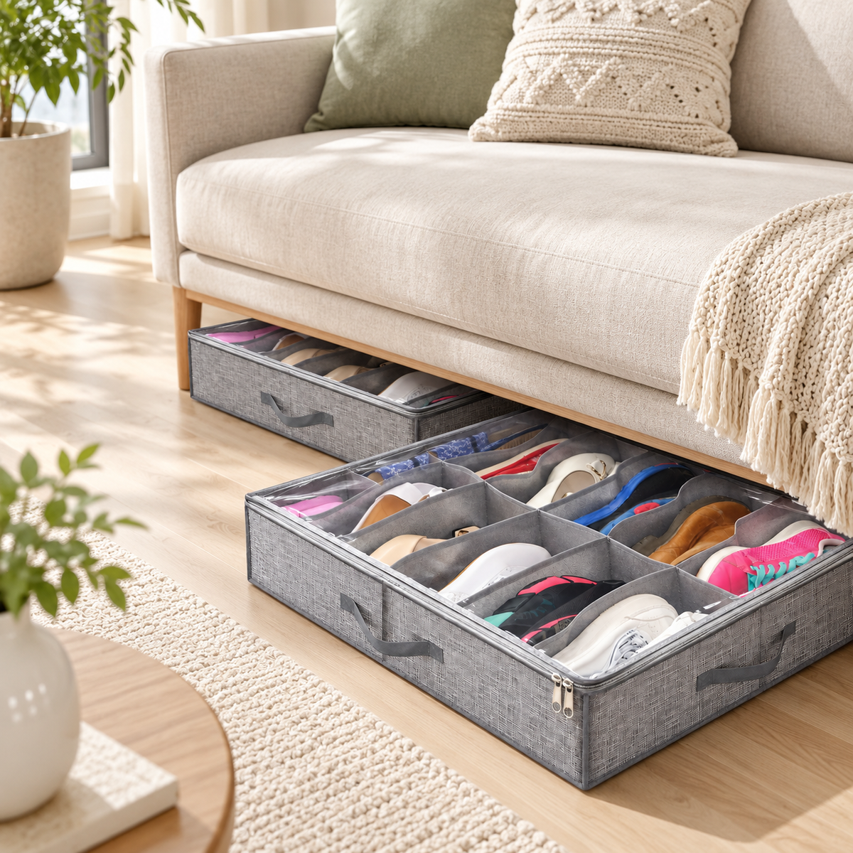 Foldable grey shoe organiser stored beneath a sofa
